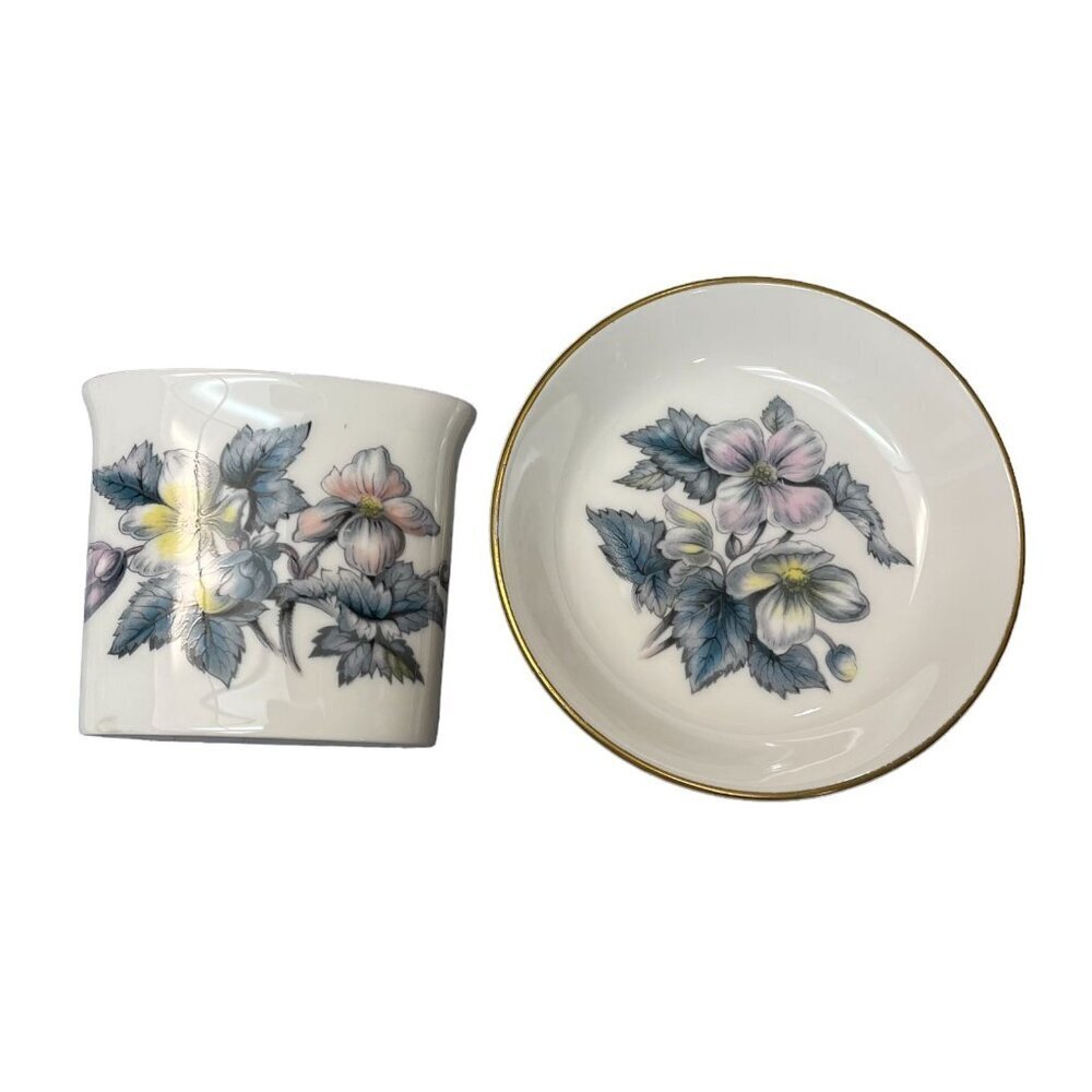 Royal Worcester Bone China Floral Toothpick Holder Vase & Trinket Dish Gold Trim - Picture 5 of 7